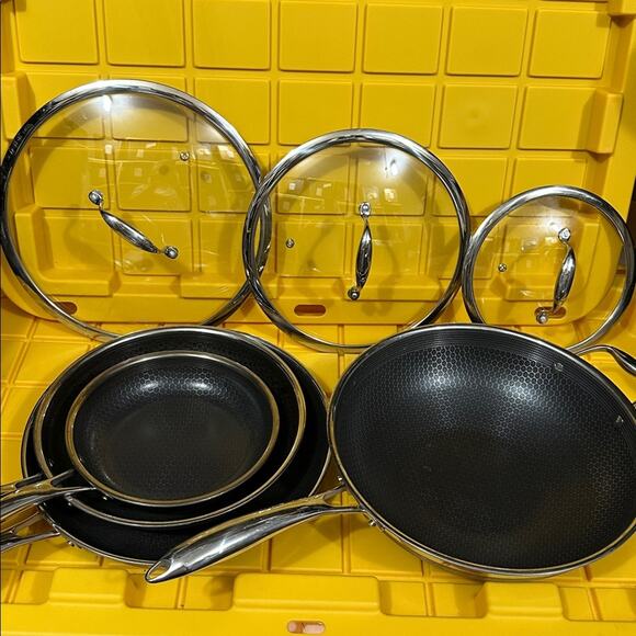 HEXCLAD Hybrid 7 Piece Nonstick Stainless Steel Frying Pan Set 8 10 12" Lids Wok - Picture 2 of 12